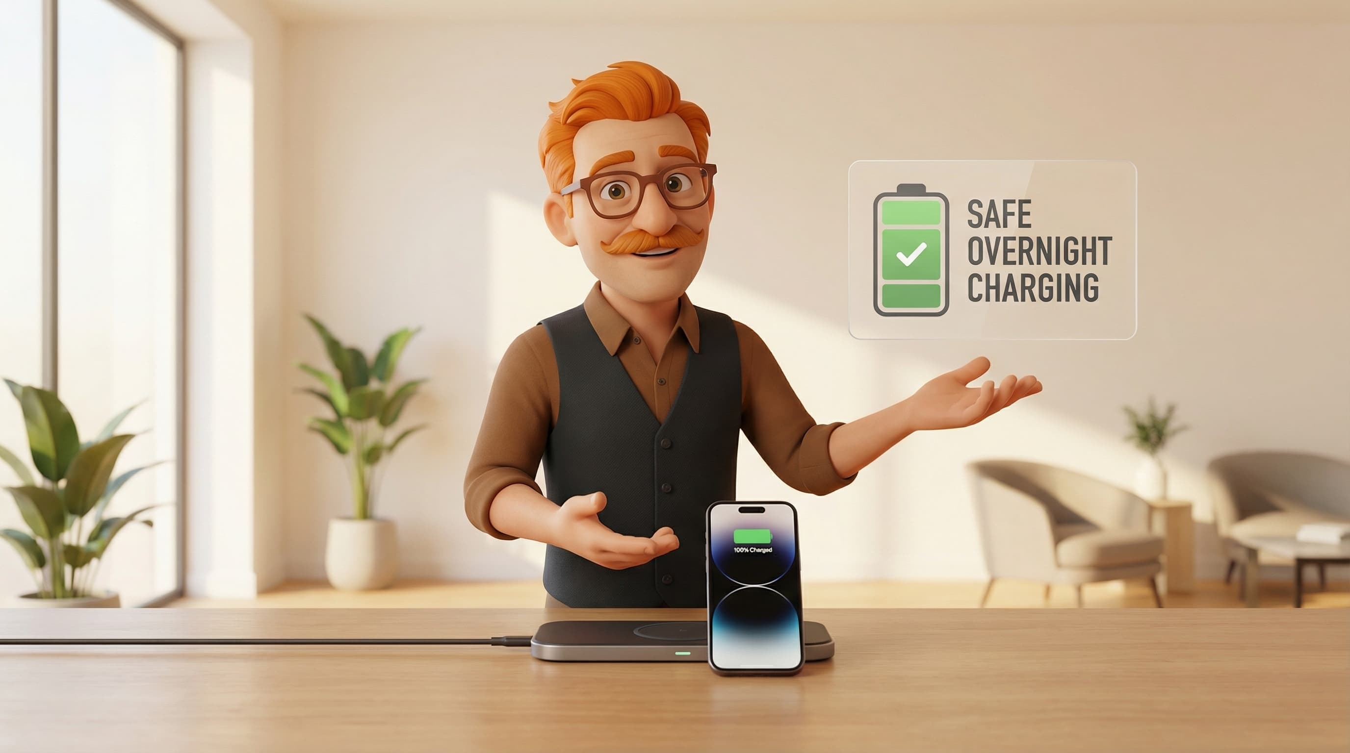 Illustration: Tod, a 3D animated character with glasses and a mustache, gestures knowledgeably next to a smartphone charging on a stand in a modern, minimal room.