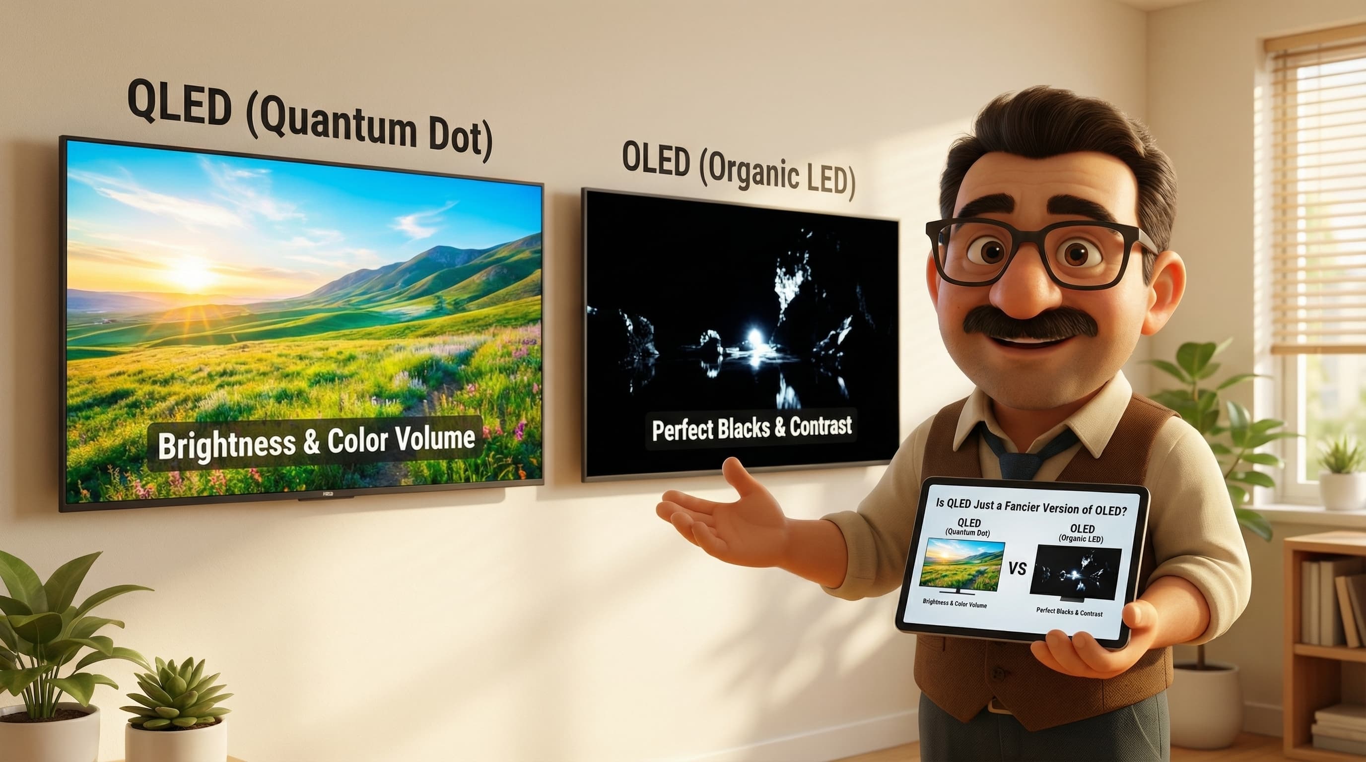 Illustration: Tod stands in a warm, modern setting, gesturing with a knowledgeable expression as if explaining the differences between QLED and OLED technology.