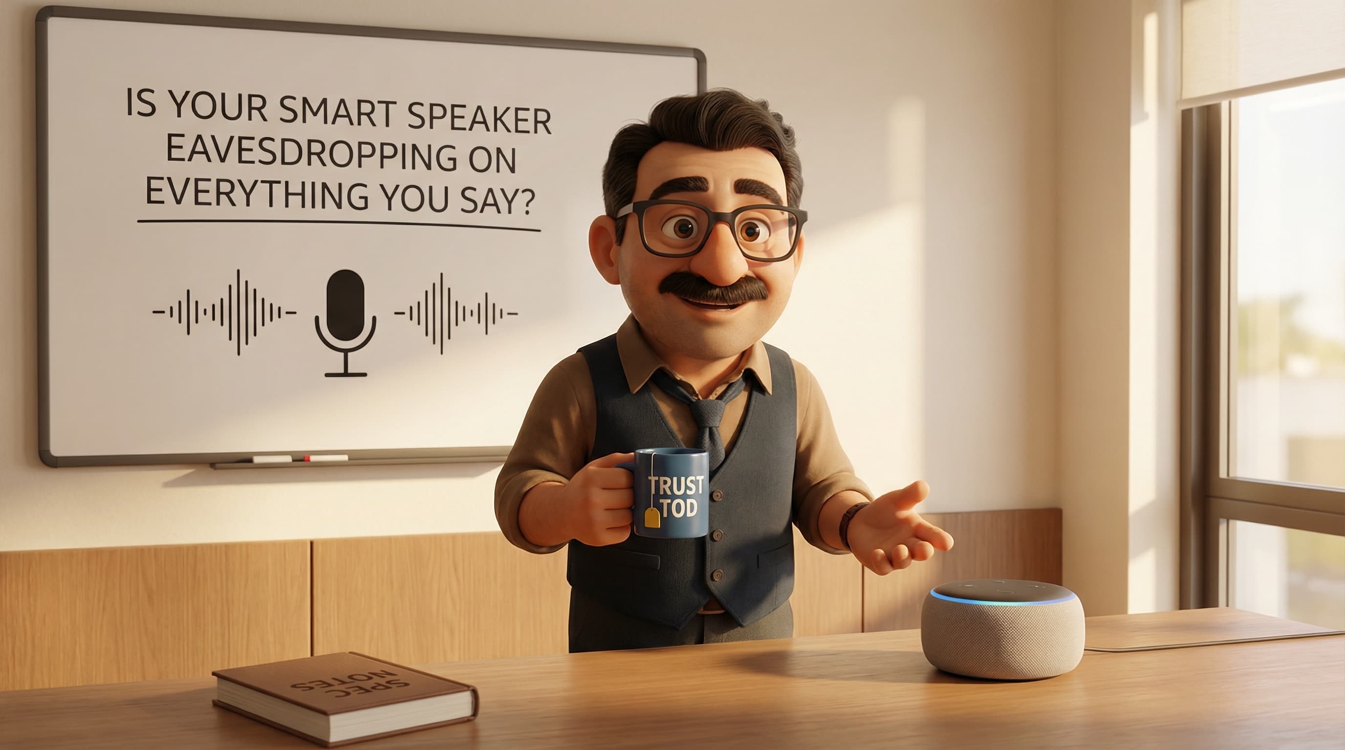 Illustration: Tod stands next to a modern smart speaker on a table, holding a hand up in an explanatory gesture while looking directly at the viewer with a knowledgeable expression.